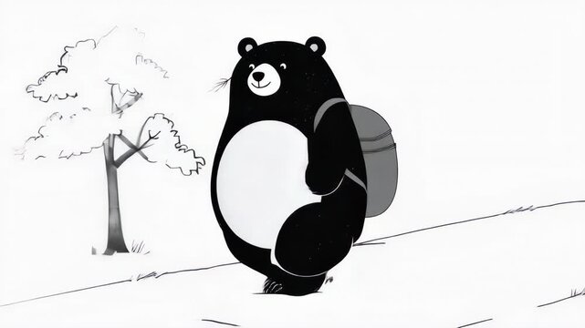 Black and white bear with a pack and grass, cartoon style, on a white background