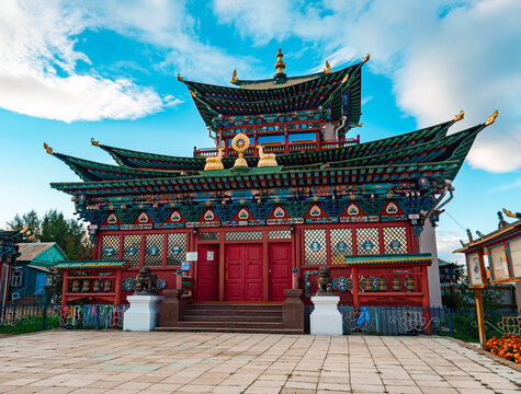 Scenic view of Buddhist temple on the territory of Ivolginsky Datsan, Buryatia, Russia.