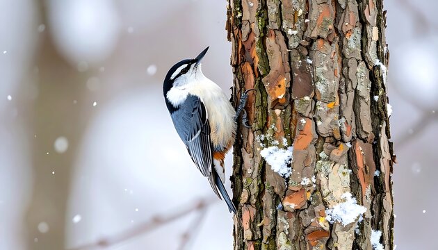 Red-breasted nuthatch clings to a tree trunk, snowy bokeh background