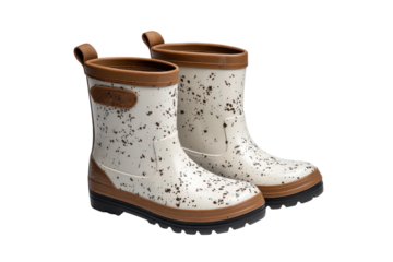 White rubber boots with brown speckles and brown trim on black background footwear children