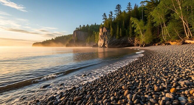 Coastal landscape with rocky shore trees and sea under a bright sky