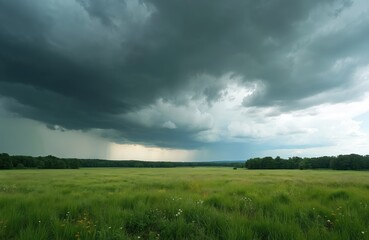 Obraz premium A green meadow stretches to the horizon under a dramatic stormy sky. Dark clouds gather, bringing rain showers to the distant landscape. Trees line the edge of the field, framing the vast open space.