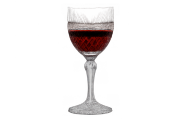 Red wine goblet with intricate crystal pattern, pouring a rich ruby liquid, elegance and luxury beverage on transparent background