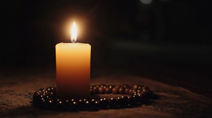 Soft glow of a lit candle in darkness, surrounded by prayer beads