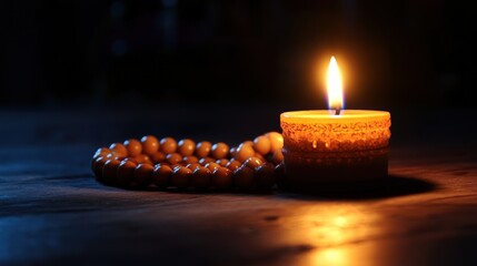 Lit candle and beads on a dark surface, soft glow