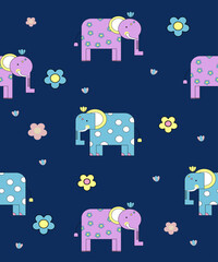 Cute seamless pattern with colorful cartoon elephants and small flowers on a dark blue background.