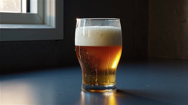 Pouring a refreshing golden beer into a glass, creating a foamy head, on a dark table with window light.
