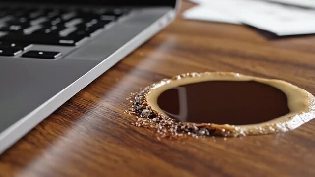 Macro push-in on coffee ring mark beside laptop trackpad; shallow DOF