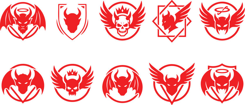 Devil emblem set of red winged devil faces skull crowns halos shields and geometric badge icons, devil, emblem, wings