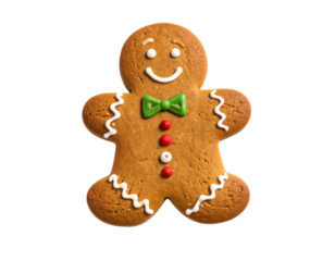 Smiling gingerbread cookie with green bowtie and red buttons