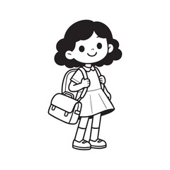 Cute Little Girl Standing With School Bag Black And White Coloring Page.