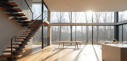 Modern house interior with open plan living area, dining table, kitchen. Large windows reveal forest scene with bare trees. Floating wooden staircase with metal railing. Sunlight streams into room.