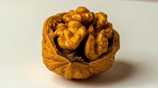 Close up of a cracked walnut shell revealing the nutmeat isolated on white