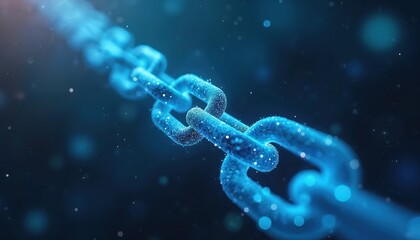 Abstract glowing blue chain links connect in digital space. Secure network of distributed ledger technology, data blocks linked together forming secure chain. Futuristic cyber concept.