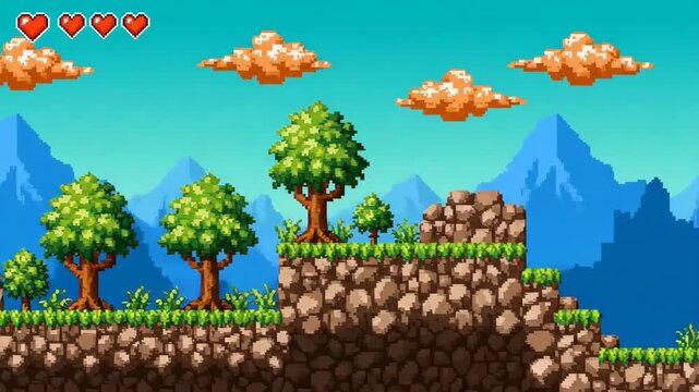 Pixelated Adventure 8bit Landscape with Hearts with Mountains and Trees.