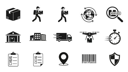 Package delivery process with courier, globe, barcode scan, storage, truck, drone, and stopwatch icons