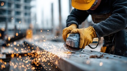 Skilled worker grinding steel beam with precision, focus on grinder and sparks, construction work. 