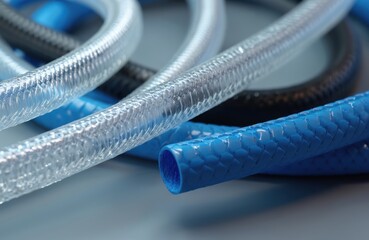Clear blue and black flexible pipes coiled together. These are industrial hoses for fluids or gas transfer, showing material texture and structure. Ready for use in plumbing or tech.