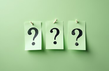 Three light green note papers with hand painted black question marks hang on a pale green background. Concept for problem solving or inquiry. Empty space for text.