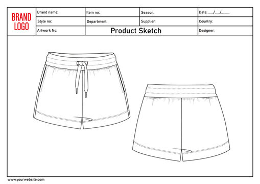 Shorts pant technical drawing template with tech pack details	