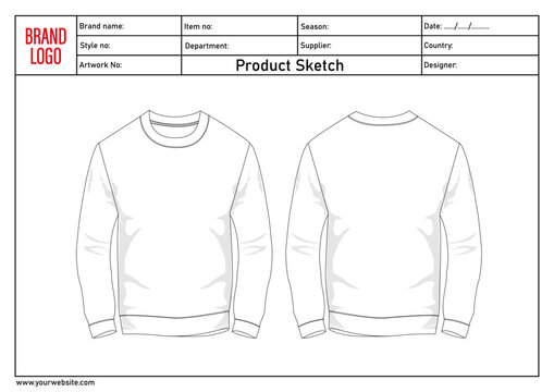 Sweatshirt technical drawing template with tech pack details	