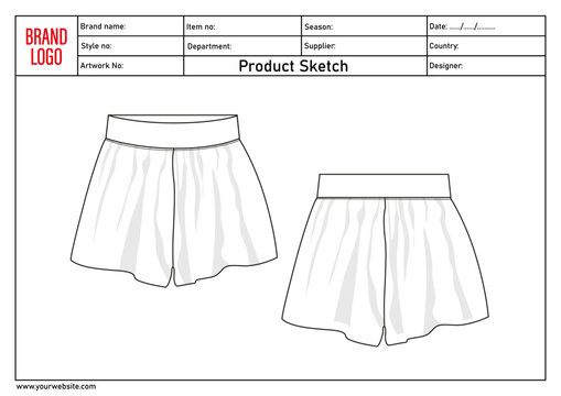 Shorts pant technical drawing template with tech pack details	
