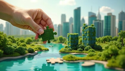 Hand adds green puzzle piece connecting nature and cityscape. Building sustainable urban environments requires collaborative action. Eco city planning merges green spaces with modern architecture.