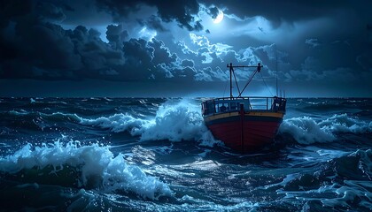 Red boat is tossed on turbulent ocean waters under a moonlit cloudy night sky in a dark, moody seascape