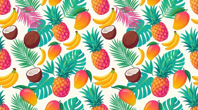 Tropical fruit seamless pattern with pineapple banana mango coconut and palm leaves, colorful summer background illustration design - Powered by Adobe