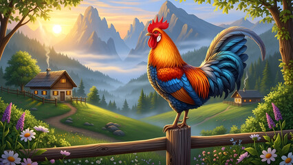 Vibrant Rooster Crowing Alpine Sunrise Landscape