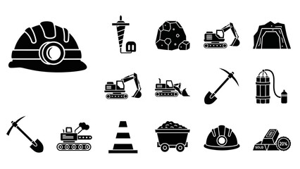 Collection of mining and construction equipment icons including helmets, tools, and vehicles
