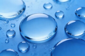 Transparent water droplets of varying sizes spherical hemispherical shapes on smooth matte blue surface hyperrealistic photorealistic style soft diffused lighting crisp specular highlights