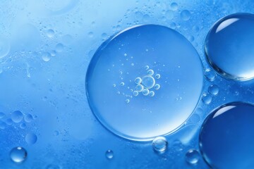 Transparent water droplets of varying sizes spherical hemispherical shapes on smooth matte blue surface hyperrealistic photorealistic style soft diffused lighting crisp specular highlights