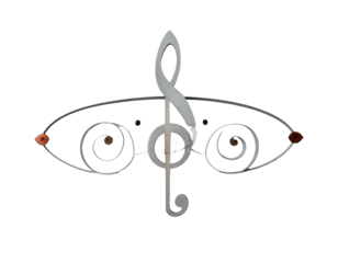 Stylized treble clef with swirling elements and eye-like details
