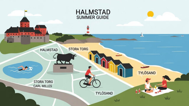 A vibrant summer scene in halmstad, sweden, featuring a castle, beach huts, people enjoying leisure