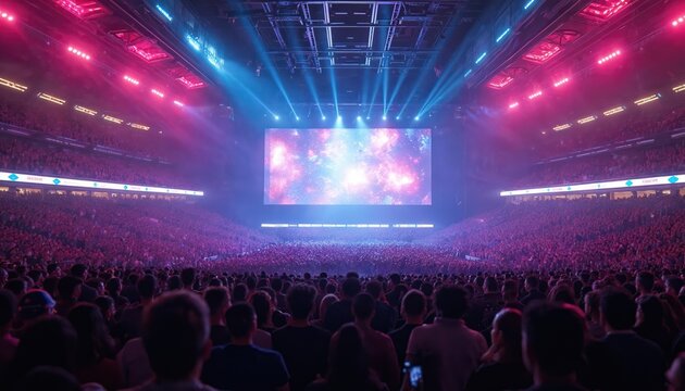 Vast crowd gathers in brightly lit arena to view massive screen. Spectators experience event together, enjoying shared excitement. Lights flash above, creating energetic atmosphere for people.
