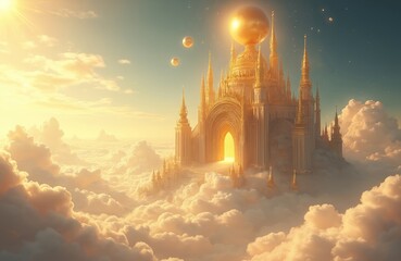 Fototapeta premium Golden palace floats high above clouds bathed in warm sunset light. Majestic ornate architecture with spires and domes evokes a divine realm. Glowing orb on top, ethereal atmosphere, divine city.