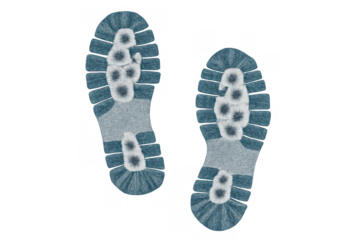 Pair of blue denim textured boot footprints walking forward, leaving a trace, isolated on transparent background
