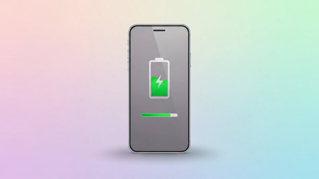 A smartphone with a battery icon on the screen showing a green charging symbol on a pastel rainbow with bar