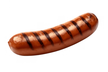 Grilled frankfurter with visible grill marks, a ready-to-eat sausage for barbecue, summer parties, and fast food menus on transparent background