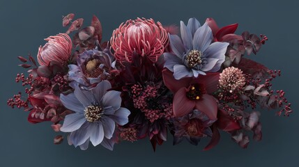 Wedding bouquet with flowers, flat design, top view, 3D render, Triadic color scheme, elegant and spooky arrangement.