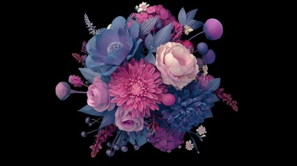 Wedding bouquet with flowers, flat design, top view, 3D render, Triadic color scheme, elegant and spooky arrangement.