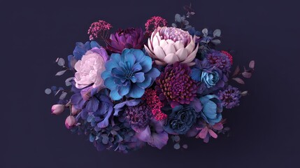 Wedding bouquet with flowers, flat design, top view, 3D render, Triadic color scheme, elegant and spooky arrangement.