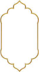 Simple golden arab arch geometric frame is isolated on white background. Luxury arabic islamic  border for invitations, templates, and decorative patterns.  3D png illustration.