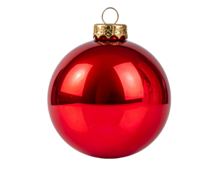 Shiny red, spherical ornament with gold cap, isolated