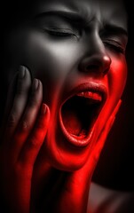 Intense close up of a distressed woman screaming in agony with dramatic red lighting emphasizing severe facial pain or toothache symptoms against a dark background