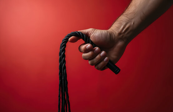 Man holds black leather whip against red background. Tool for discipline or pleasure, symbol of control, power, or BDSM play. Fetish accessory used in sexual games, or for punishment.