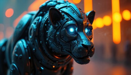 Robotic panther with bright blue eyes, metallic body stands in dark setting with blurred orange lights. This futuristic animal combines technology, nature. It looks fierce, powerful, majestic.