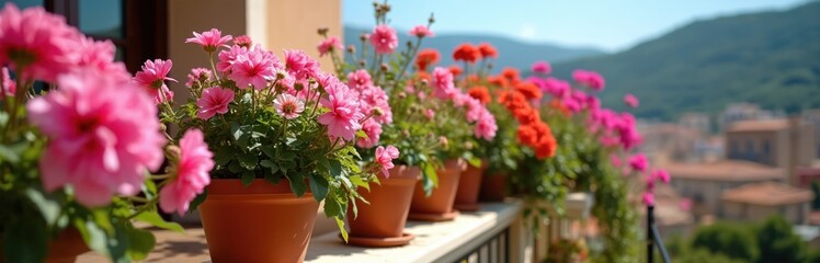 Potted pink and red summer flowers bloom on a balcony. Rich green plants grow in terracotta pots, creating vibrant home decor. Gentle breeze sways petals.