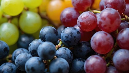 Assorted fresh grapes of different colors, including green, red, and purple. Tiny water droplets on smooth skins. Fruit clusters are ripe and juicy, ready for eating. Natural food.